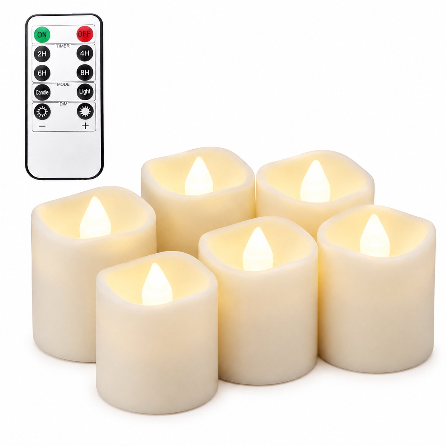 SWGOTA led kaarsen, 6 grote theelichtjes per doos, warm licht en vlamvorm, met kleine afstandsbediening en knoopcelbatterij Wit