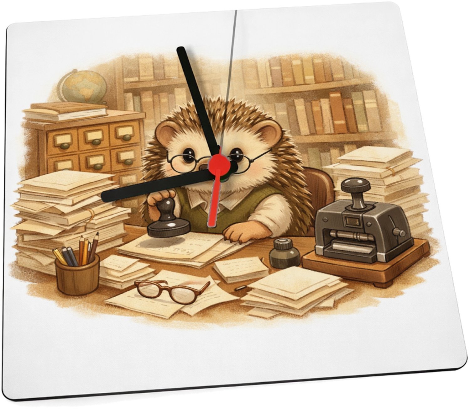 Mr Cadeautjes Klok 19 x 19 - design Een egel als bibliothecaris tussen hoge boekenkasten, met te | cadeau Wit