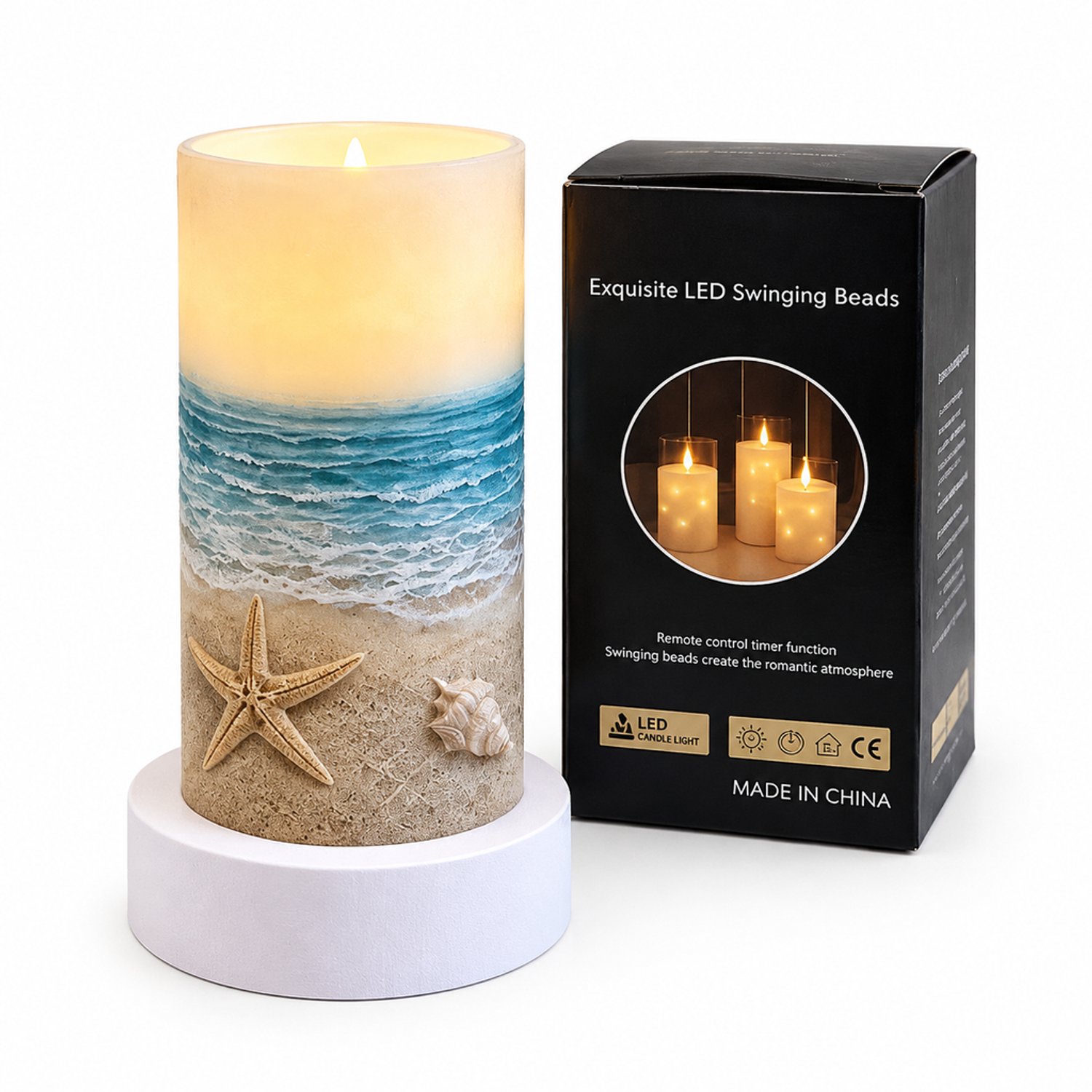 SWGOTA led kaarsen - 1 stuk, 7.5 x 15 cm, stranddecor en kogelvormige vlam, warm sfeerlicht voor binnen, op batterijen, zonder batterijen Blauw