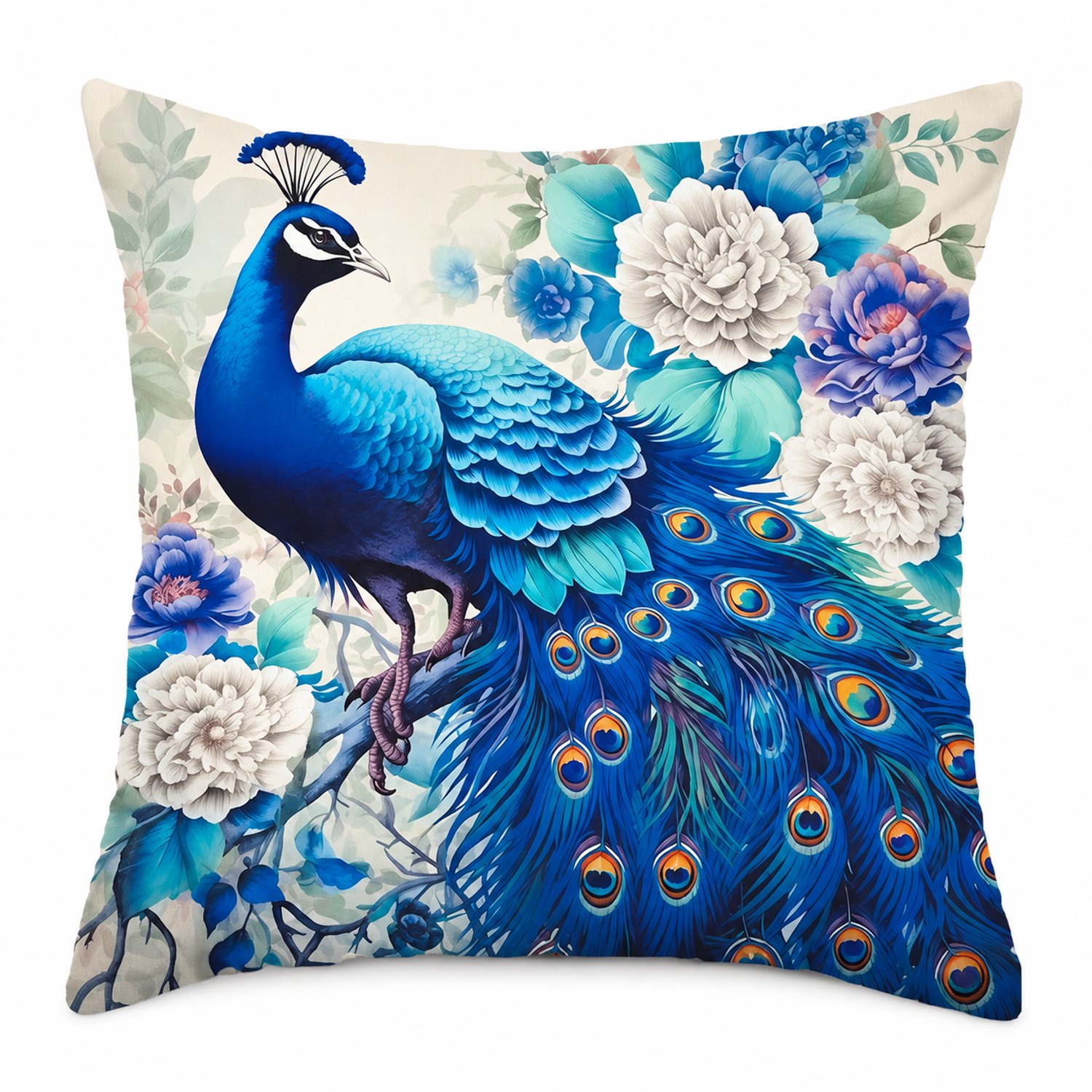SWGOTA Kussenhoes 45 x 45 cm van kortpolig pluche met pauw en bloemen voor bank en auto Blauw