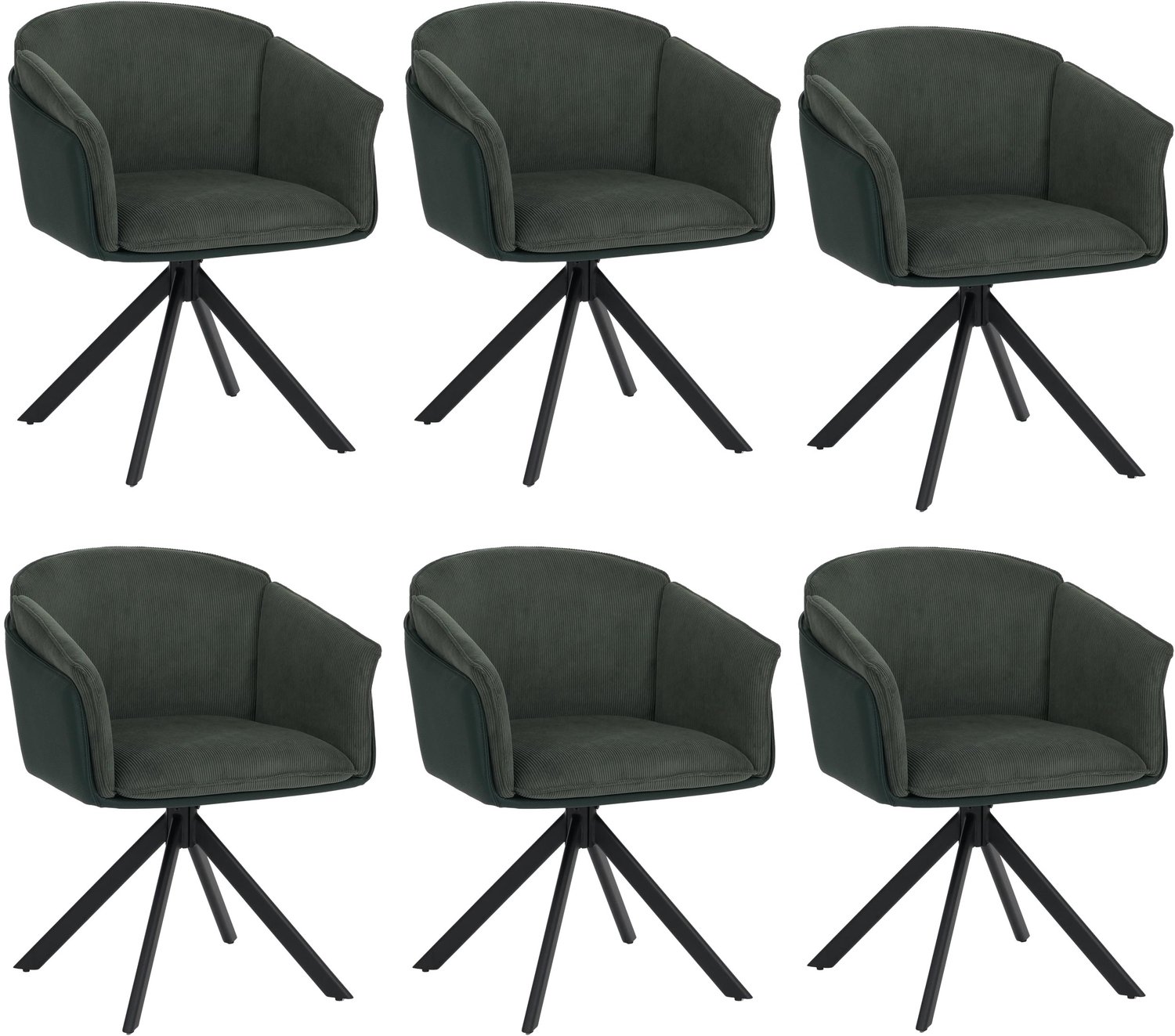 Set van 6 eetkamerstoelen MCW-R24, keukenstoel, draaibaar, metaal, kunstleer, stof/textiel, corduroy ~ groen