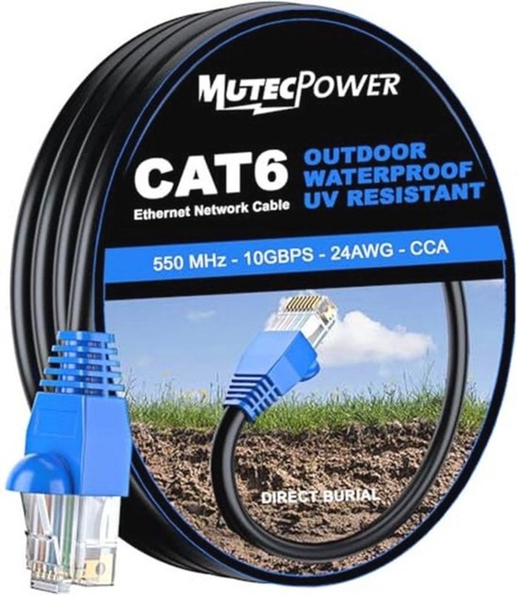 MutecPower 15m CAT6 ethernet netwerkkabel voor buitengebruik - Direct Burial waterdicht, UV- en weerbestendig - UTP - CCA - 250 MHz - 15 meter kabel zwart met kabelbinders