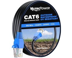 MutecPower 15m CAT6 ethernet netwerkkabel voor buitengebruik - Direct Burial waterdicht, UV- en weerbestendig - UTP - CCA - 250 MHz - 15 meter kabel zwart met kabelbinders