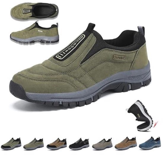 Groene slip-on outdoorschoen met zwart detail op de vetersluiting en 'Outdoor' op de zool. Meerdere kleuren beschikbaar.
