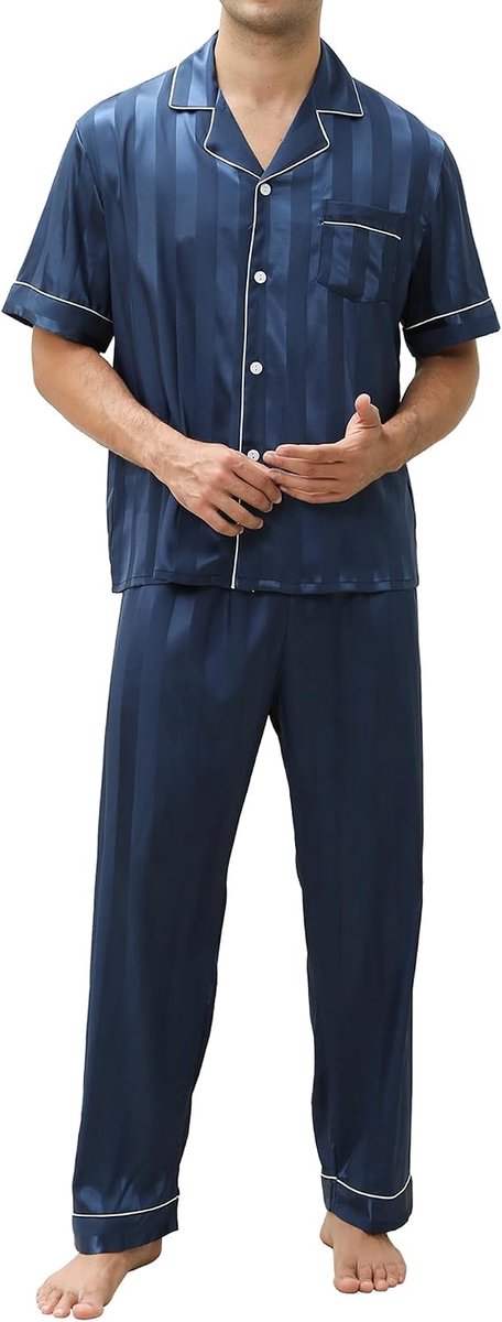 Zomerpyjama voor heren, satijn, korte mouwen, knopen en broek, elegant en licht, S-XXL