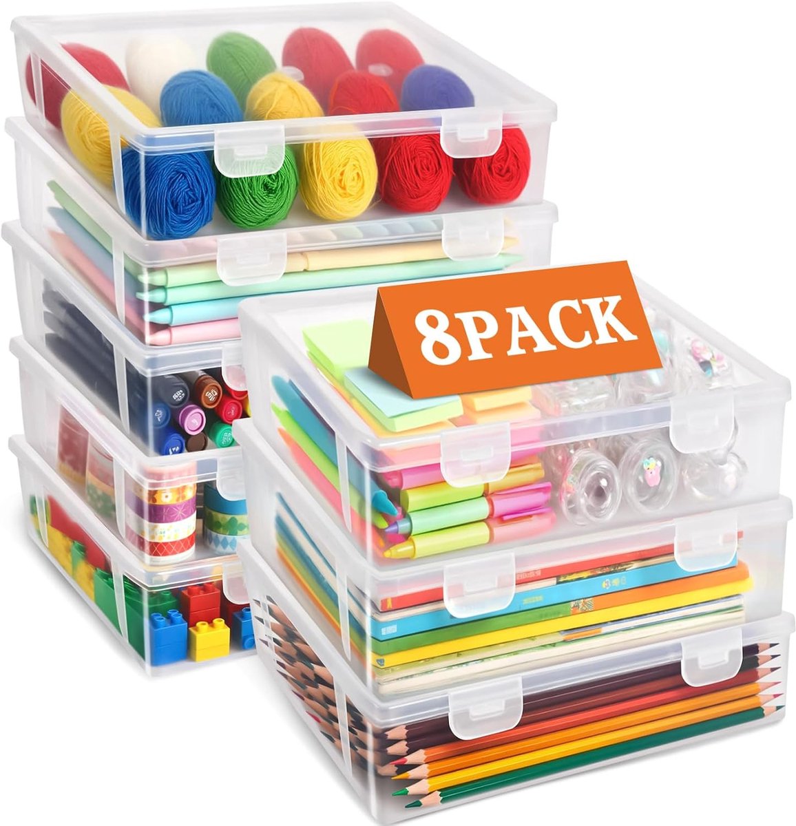 Opbergdoos voor kantoorbenodigdheden, kunststof, pennendoos met klikdicht deksel, stapelbaar, voor schrijfwaren, documenten, pennen, klein gereedschap, BPA-vrij, organizer (L)