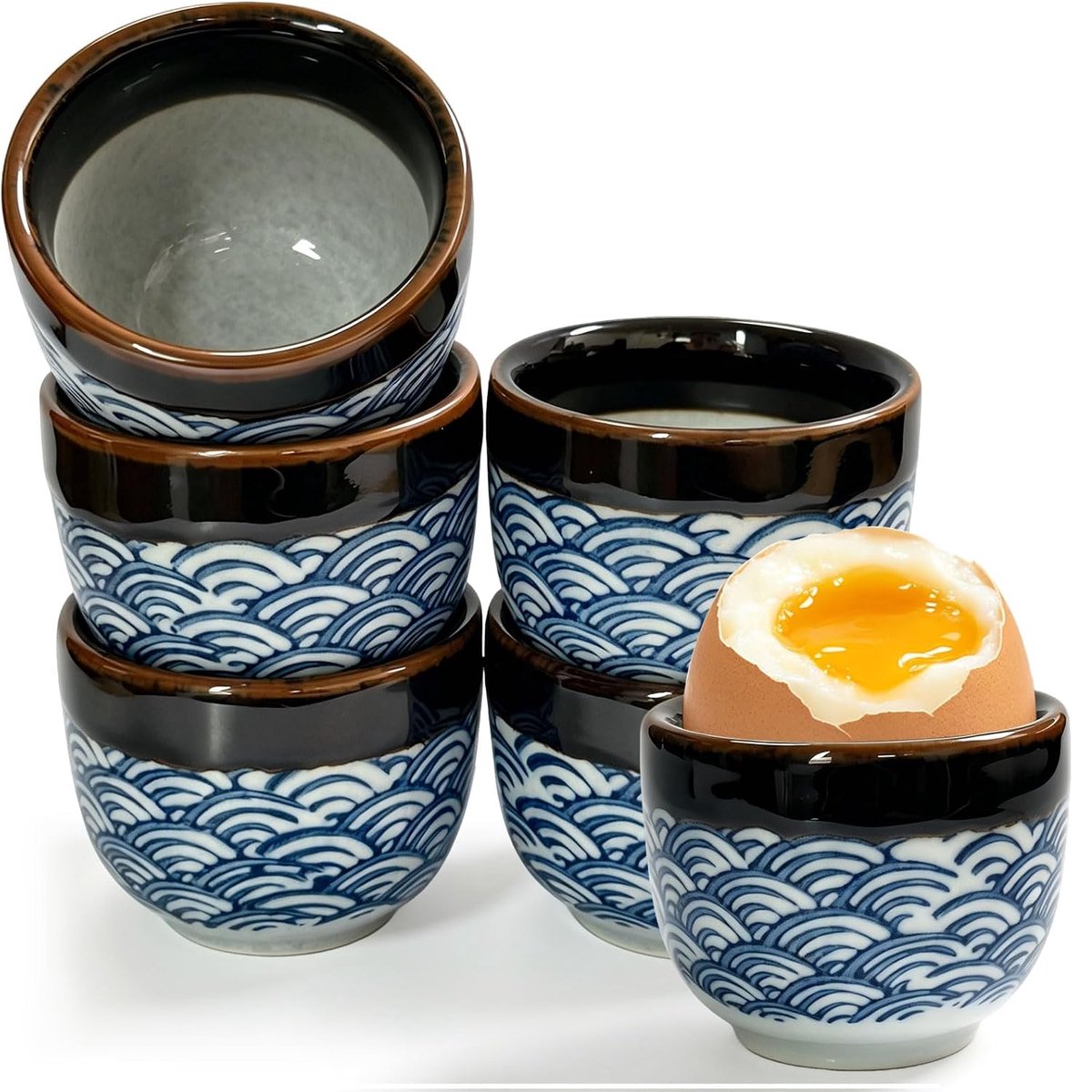 6 stuks eierdopjes porselein (blauw verloop)