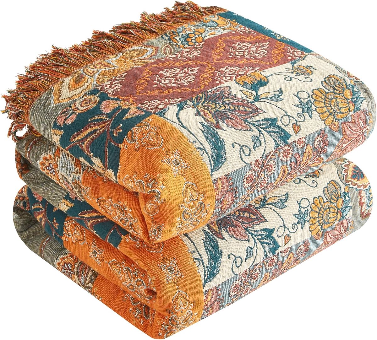 Boho-deken, 100% katoen, dubbelzijdige mousseline sprei, 230 x 275 cm, behaaglijke bankdeken en bedsprei, esthetisch design, ideaal voor woonkamer en slaapkamer, oranje/groen