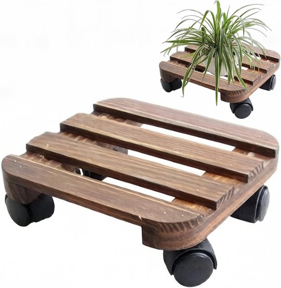 Stabiele Houten Plantroller met 360° Draaibare Wielen voor Buiten, Ideaal voor Bloempotten en Vazen