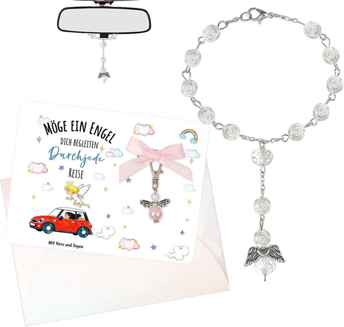 Autohanger voor spiegel, rozenkrans, geluksbrenger, auto-interieuraccessoires, autoaanhanger vrouwen, cadeau voor rijbewijs en nieuwe wagen, autohanger + sleutelhanger, Eén maat