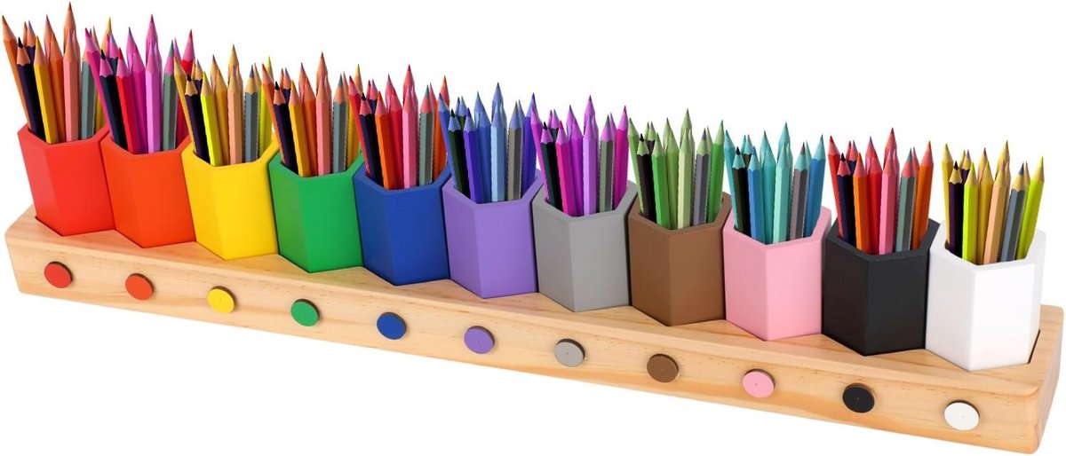 Doosje voor Kleurpotloden, Montessori Opbergdoos 11 Kleuren met Uitneembare Potlodenhouder en Beker Geschikt voor Kinderen Kantoren en Bureaus Thuis