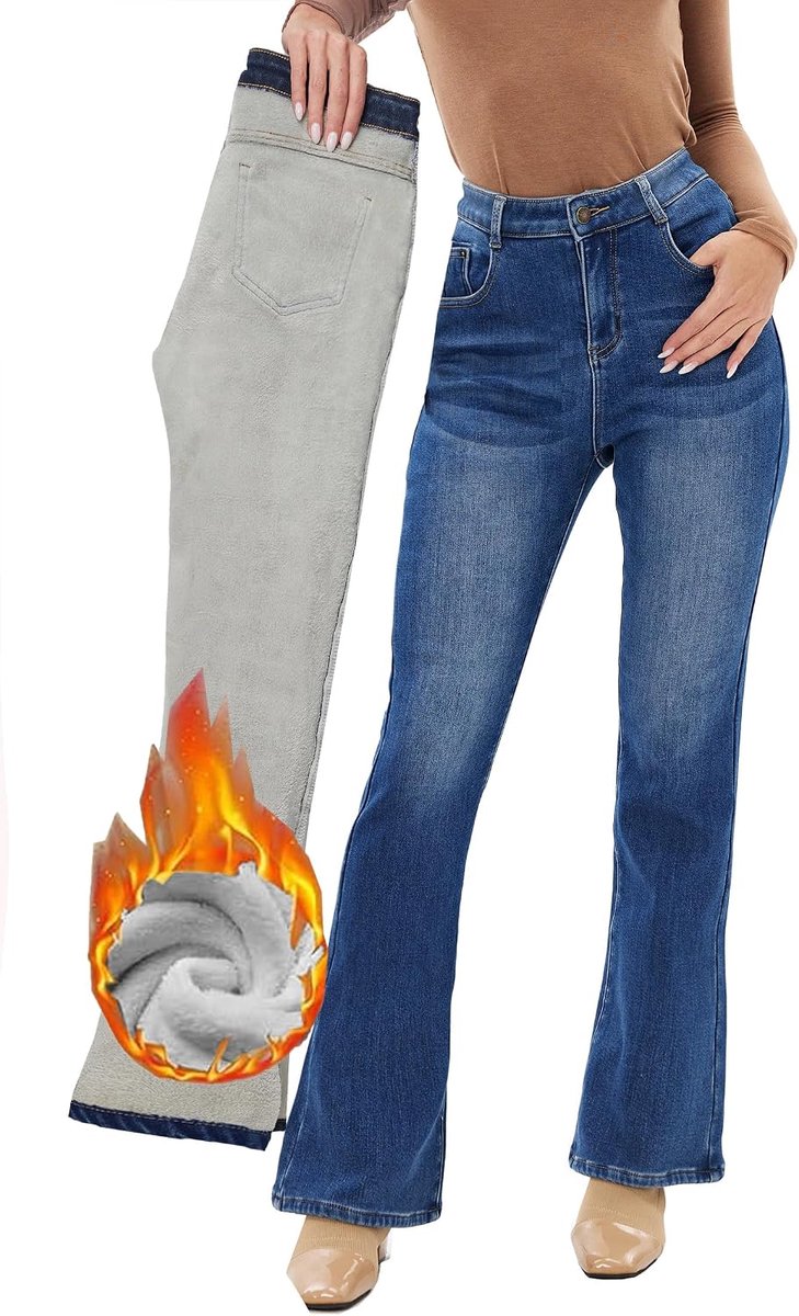 Jeans voor dames, uitlopende bootcut, winter, thermische flanellen voering, warme spijkerbroek