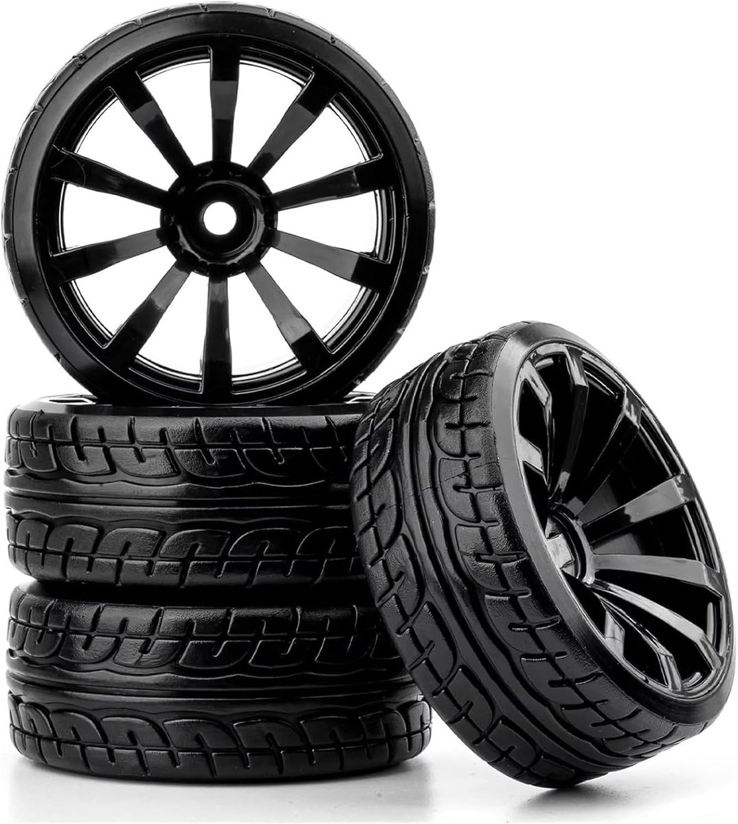 RC Drift autobanden, 4 stuks 62 mm harde banden en kunststof wielen velgen voor 1:10 RC On Road Run-Flating Race Driftwagen voor Tamiya HSP HPI Kyosho reserveonderdelen (10 spaken, zwart)