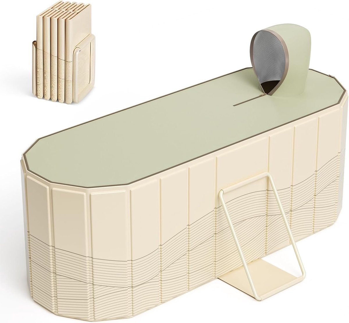 Badkuip voor volwassenen, 150 x 55 x 50 cm, opvouwbare badkuip voor volwassenen met 2 afvoergaten, familiebad, ijsbad, uitgerust met 2 zijsteunplaten met afdekking (beige)