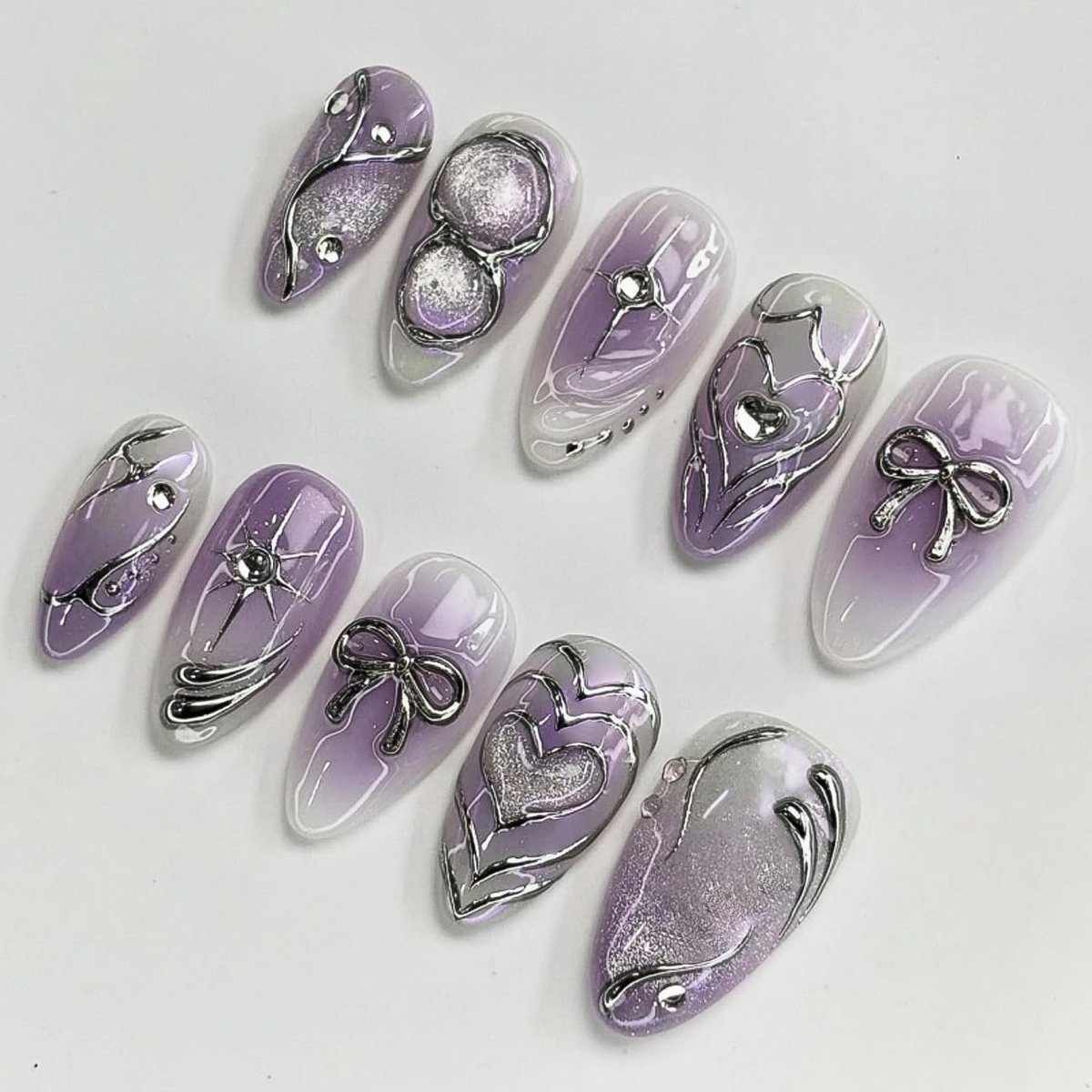 Kunstnagels, amandelpaars, airbrushing, 3D, vlinderdas, ster, zilver, gestreept, hart, diamant, design, glitter, Y2K, press-on nagels, hart zilver, kristal, INS