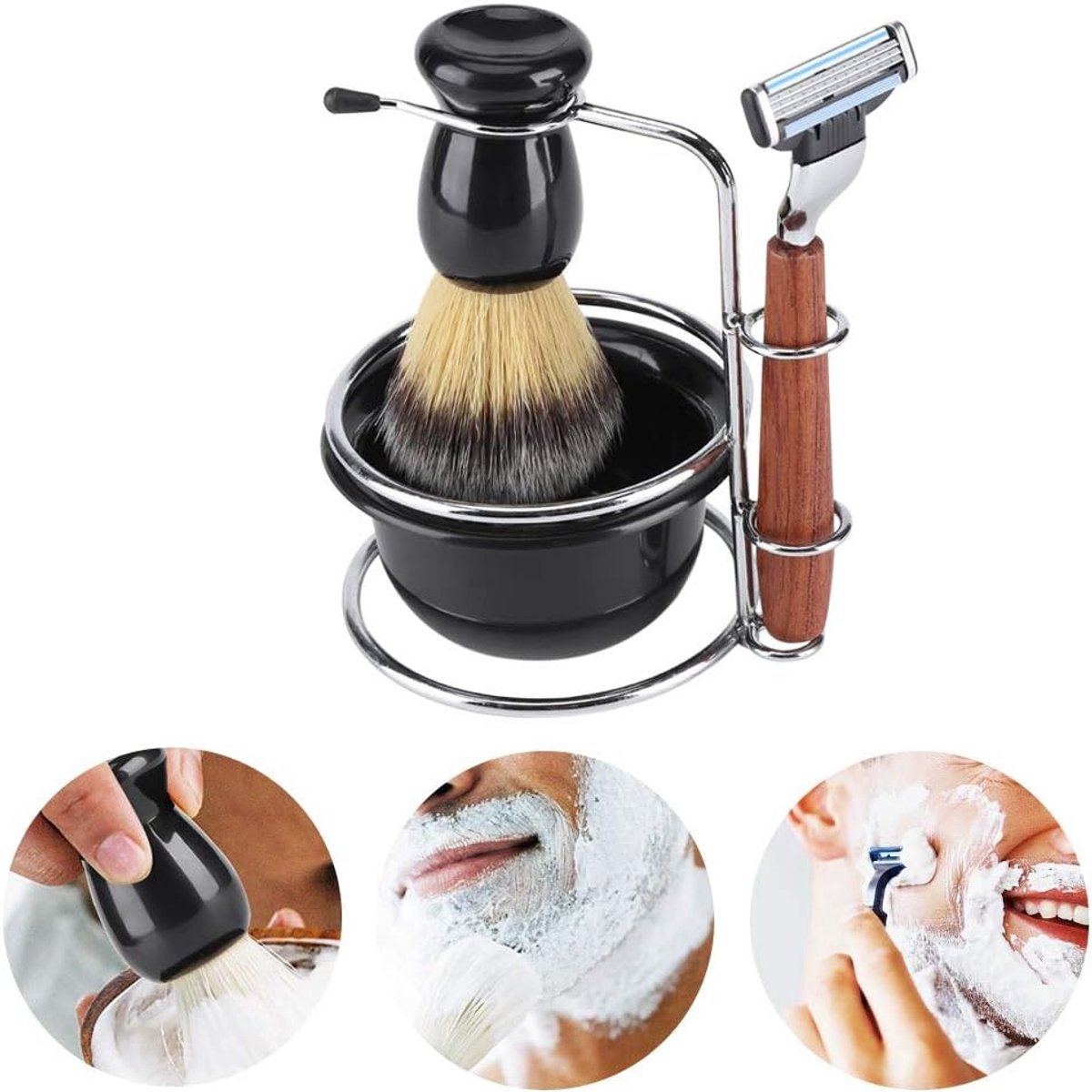 4-delige scheerkit Scheermes Set handmatig scheermes + roestvrijstalen standaard houder + borstel + kom set