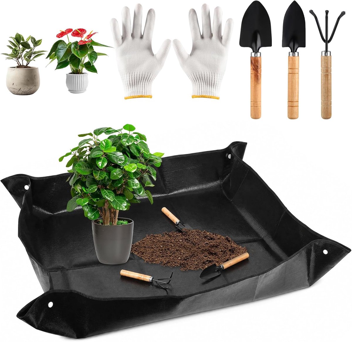 100 x 100 cm, waterdicht, opvouwbaar, PE-plantenonderlegger, groot, met tuinwerkset voor bodemverandering, draagbare tuinmat voor vetplanten, zaailingen, verpotten, snoeien
