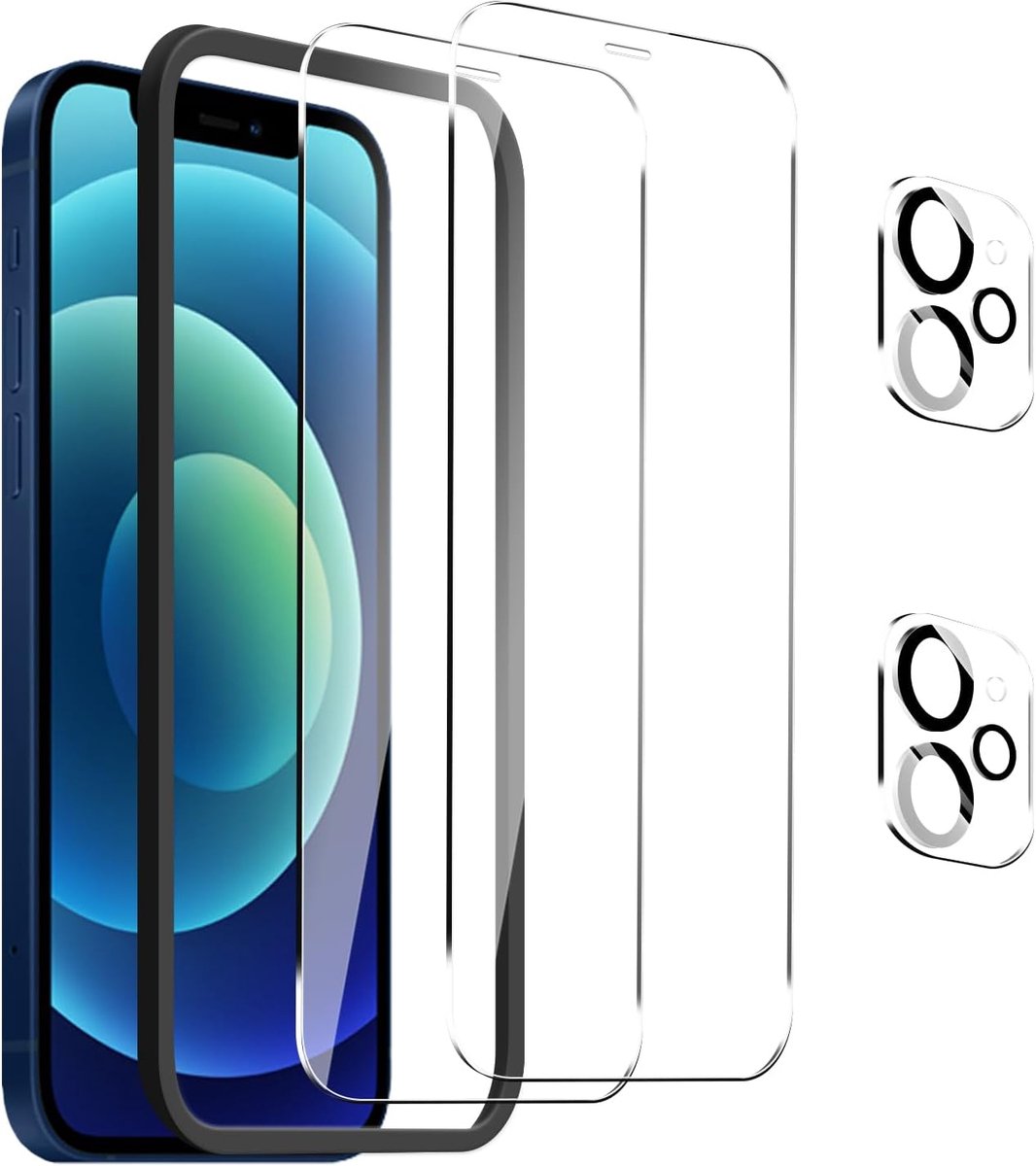 【2 + 2 + 1】 Displaybeschermfolie van gehard glas voor iPhone 12 Mini + lensbescherming voor camera, met eenvoudig installatiegereedschap, 9H, HD, eenvoudige installatie.