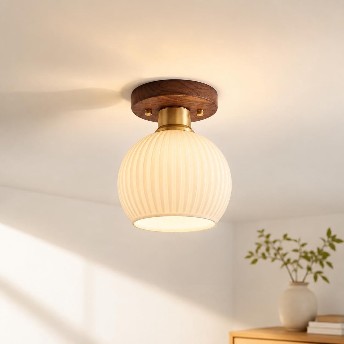 Houten Glazen Plafondlamp 12W LED Bloemvormige Opbouwlamp Ø15 x H18 cm met Ø10 cm Plafondkap voor Slaapkamer Gang en Balkon