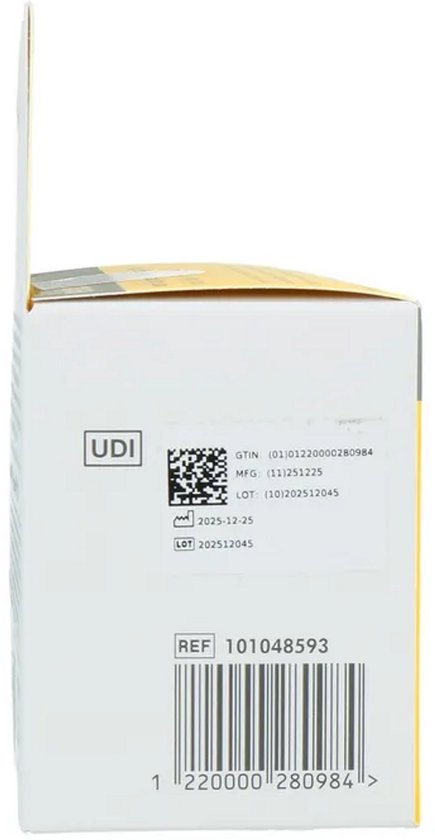 Medela verpakking met UDI, GTIN, MFG, LOT, REF barcode en expiratiedatum. Wit.