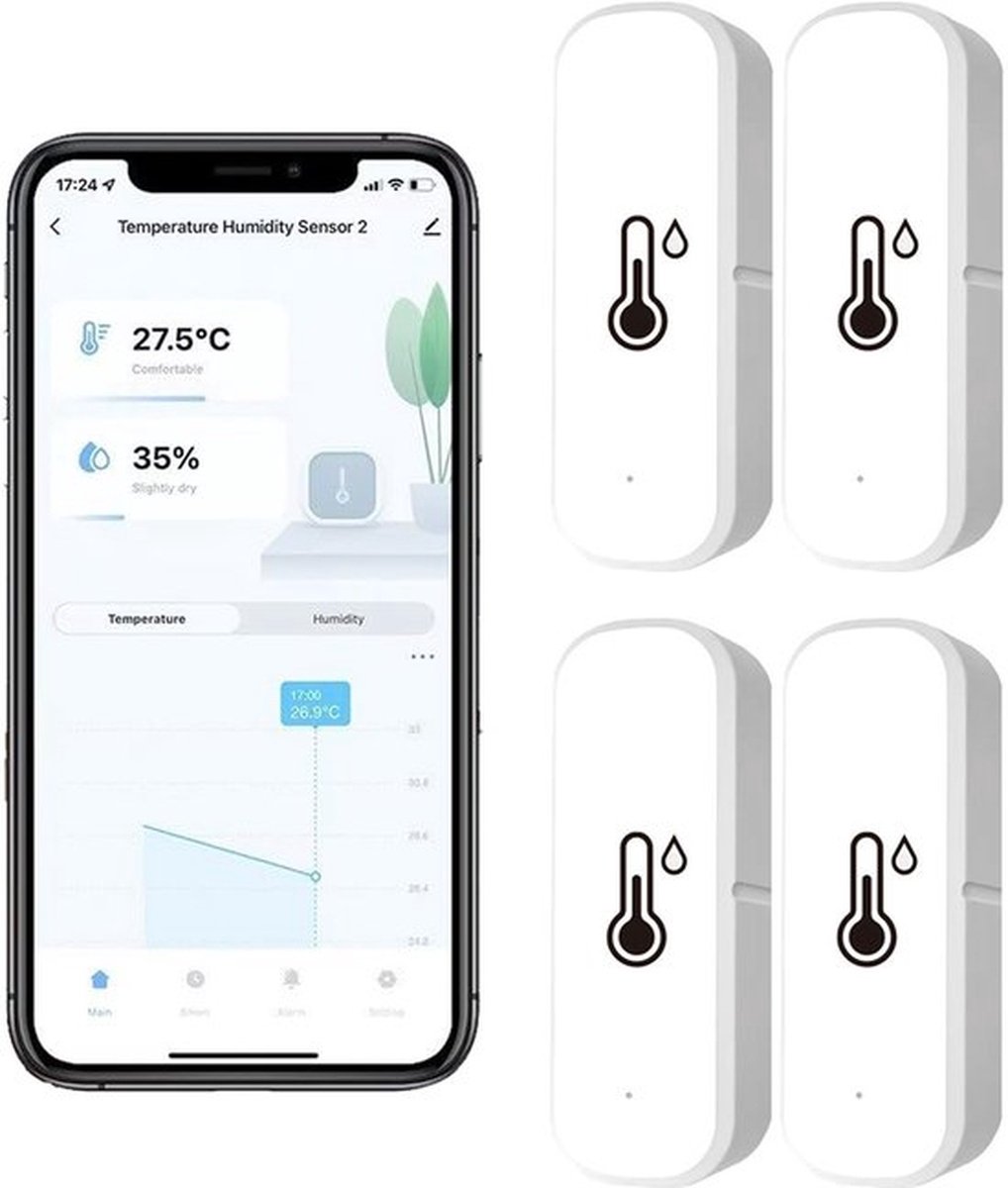 4-pack WiFi-hygrometer-thermometersensor - Draadloze Binnen- En Buitentemperatuur-vochtigheidssensor Met App-melding Op Afstand Voor Kaswijnkelders