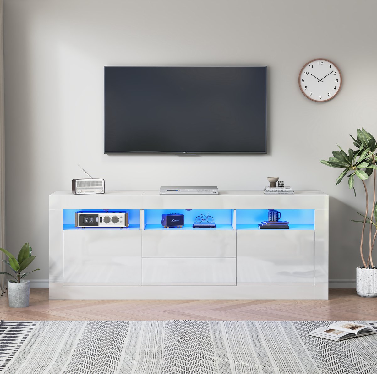 MEUNIQ TV-meubel 160 x 35 x 60 cm met LED-verlichting, 3 open vakken, 2 deuren en 2 push-to-open lades, kabeldoorvoeren, hoogglans wit
