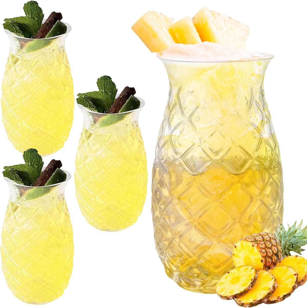 Set van 4 glazen met ananasdesign: 400ml cocktailglazen, herbruikbare partyglazen, sapglazen, lange drankglazen, transparant voor zomerfeesten en thuisgebruik