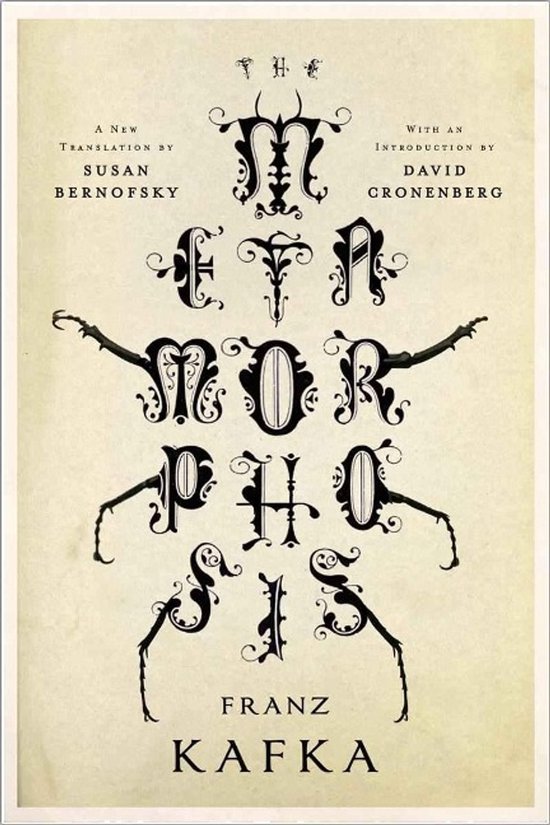 Boek met de titel 'The Metamorphosis' door Franz Kafka, met sierlijke letters en illustraties van poten.