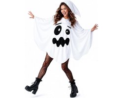 Dames Halloween spook kostuum, witte capuchon poncho jurk met spookgezicht, verrassingsgezicht print, onregelmatige zoom, Halloween feestkleding voor dames, geschikt voor cosplay, themafeest en trick‑or‑treat