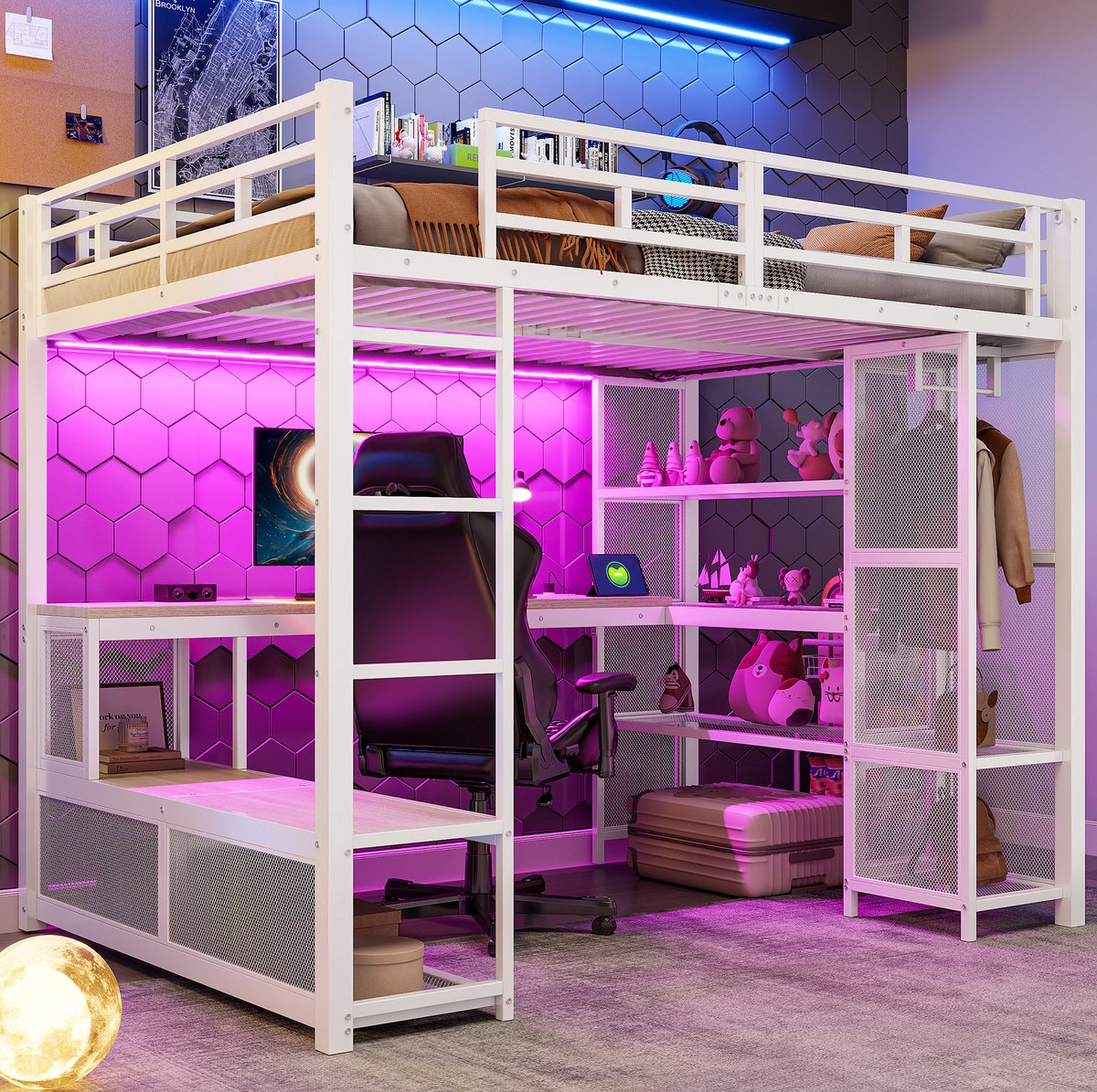 MEUNIQ Hoogslaper 140x200 cm met bureau, 3-laags rek, open kledingkast, LED-verlichting en USB-aansluiting, wit metalen bedframe voor slaapkamer