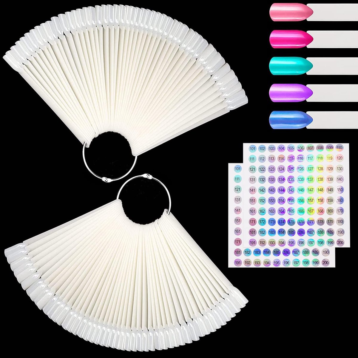 100 stuks nageldisplay met ring en 2 stuks nummerstickers 101-200, presentatietips nagels, patroontips voor nagels, Swatch Art voor nagelkleurendisplay (natuurlijk)