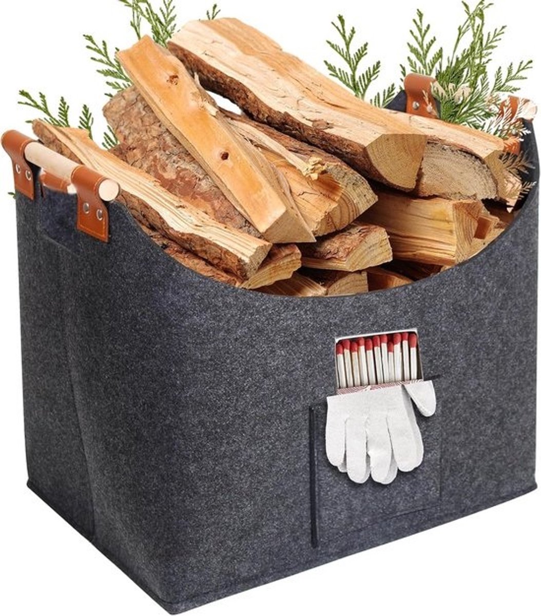 Grote Houten Haardhouten Mand van Robuust Vilt met Comfortabele Handgrepen