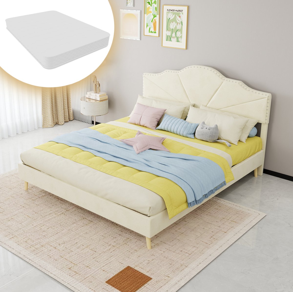 MEUNIQ Gestoffeerd tweepersoonsbed 160x200 cm met matras, geometrisch hoofdbord en lattenbodem voor slaapkamer, beige