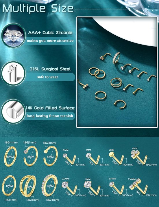 14 stuks neuspiercing, chirurgisch staal, neppiercings, hypoallergeen, 20 g, 18 g, helix, tragus, conch, septum, piercings, goud, zilver, neuspiercing, ringen — afbeelding 3
