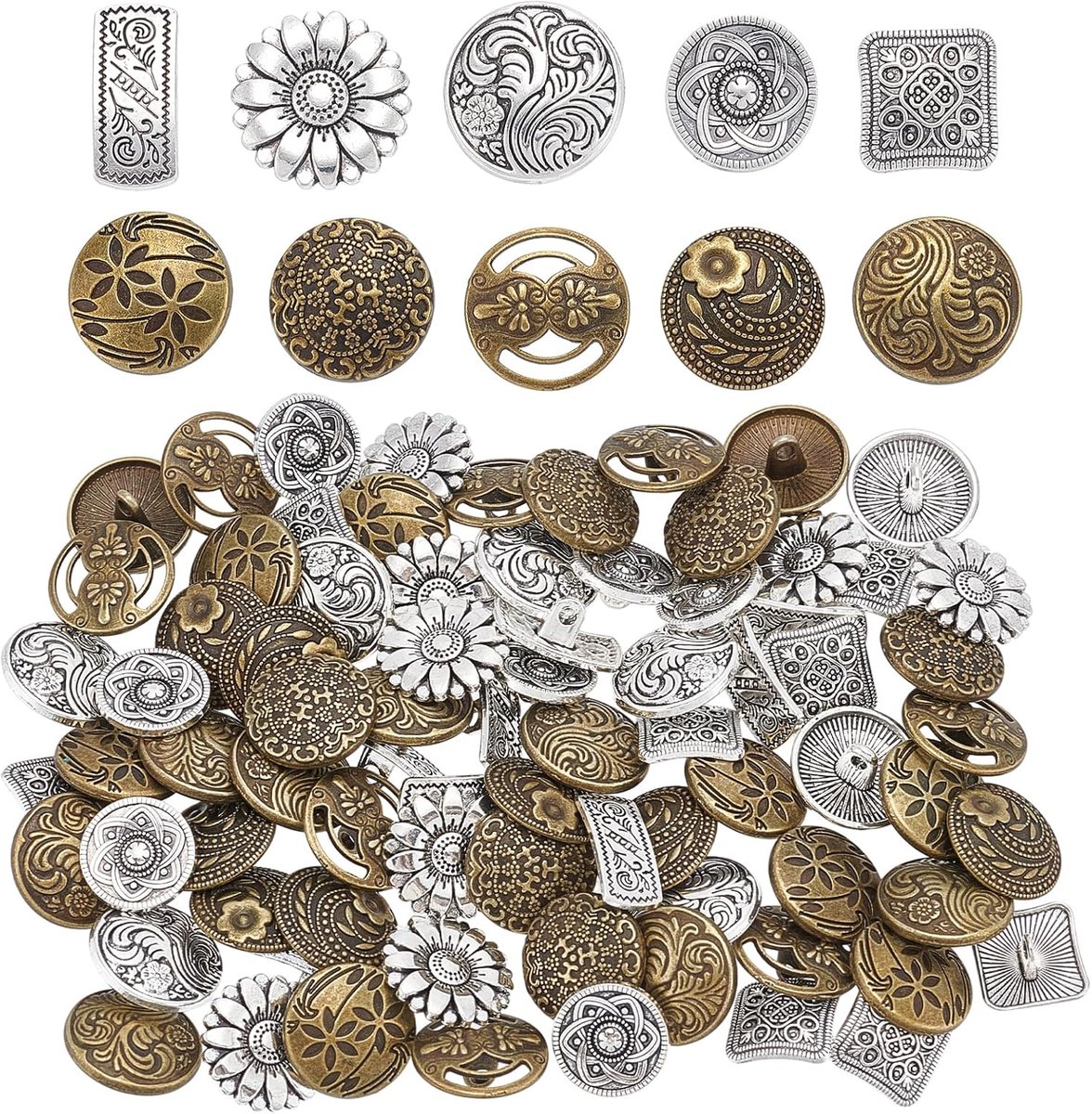 Knopen, antieke messing knopen met bloemenprint, 17 x 17 mm, blazer met ronde zilveren knopen en bronzen stijl