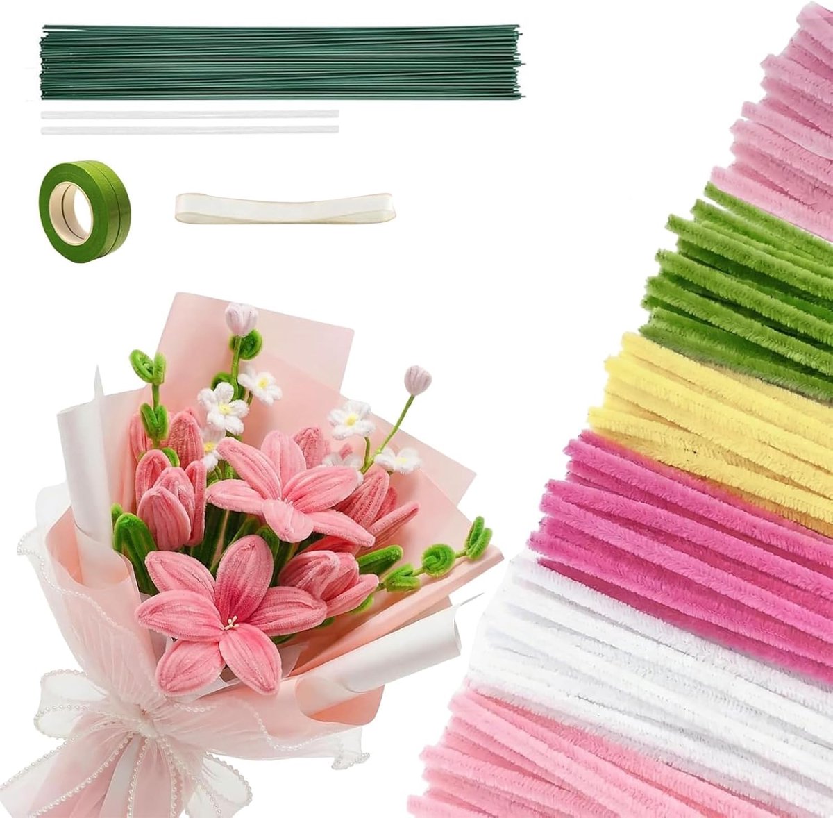 400 stuks pijpenragers met accessoireset, makkelijk vormbaar, pluizig, 30 cm x 6 mm, voor boeketten, haarbanden, decoratie, stevige draadkern, meerkleurig