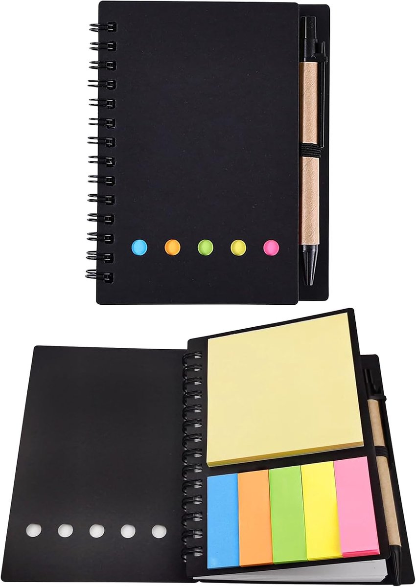 Notes Set, zelfklevende notitieset, zelfklevende notitieblaadjes, zaknotitieboek met pen en penhouder, spiraalnotitieblok, klein notitieblok voor kantoor, studenten, reizen
