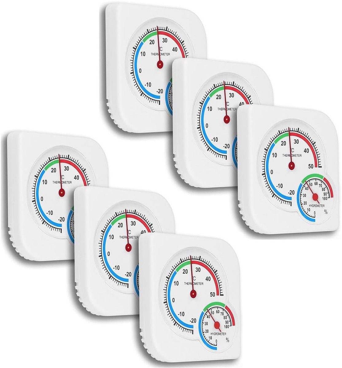 Set van 6 Ronde Thermometers en Hygrometers voor Binnen en Buiten - Analoge Temperatuur- en Vochtigheidsmonitor voor Nauwkeurige Weergave van Klimaat en Omgevingsomstandigheden