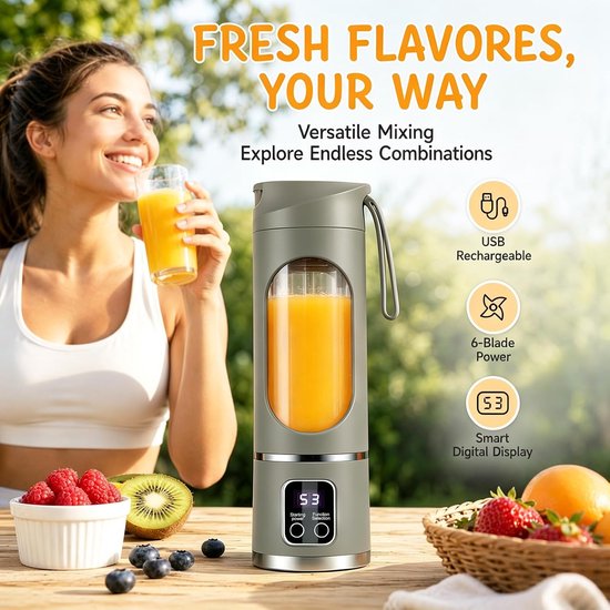 Draagbare blender smoothie maker to go, 450 ml mini-blender, draagbare blender, voor smoothies, ice crush, lekvrij deksel en drinktuit, oplaadbaar voor sport, reizen, outdoor (groen) — afbeelding 2
