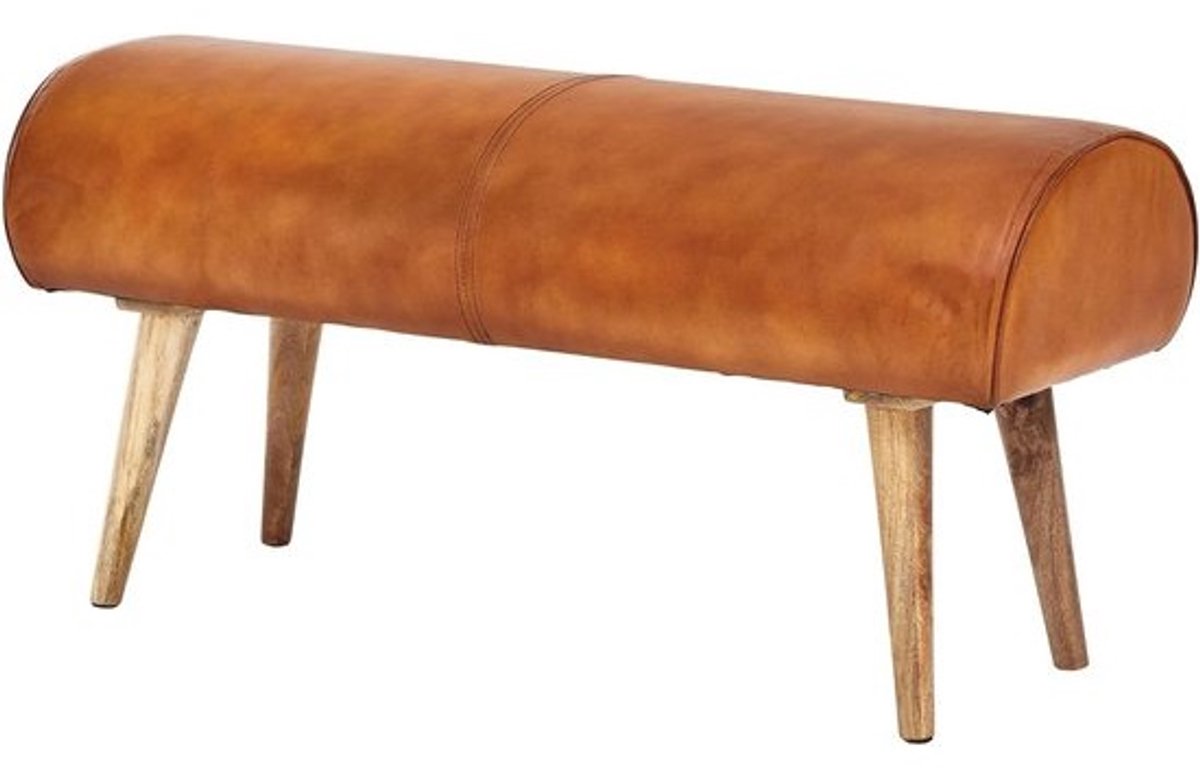 Leren Zitbank - Kleine bank - Entree Decoratie - Massief Hout - 100 cm Breed - Bruin