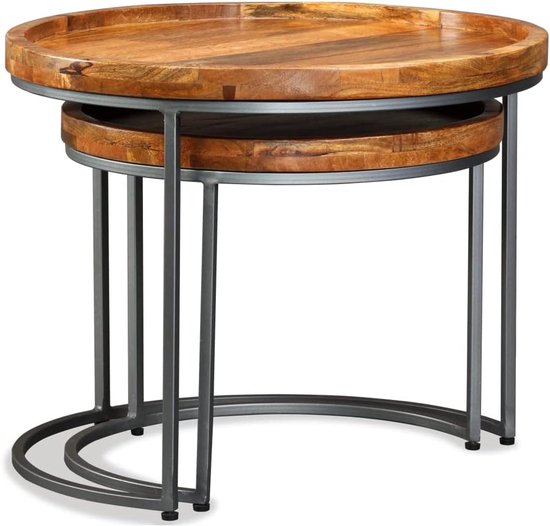 Bijzettafelset van 2 stuks, van massief mangohout, handgemaakt in vintage industriële stijl, opbergtafel en salontafel, met stabiele ijzeren poten, ruimtebesparend op te bergen — afbeelding 4