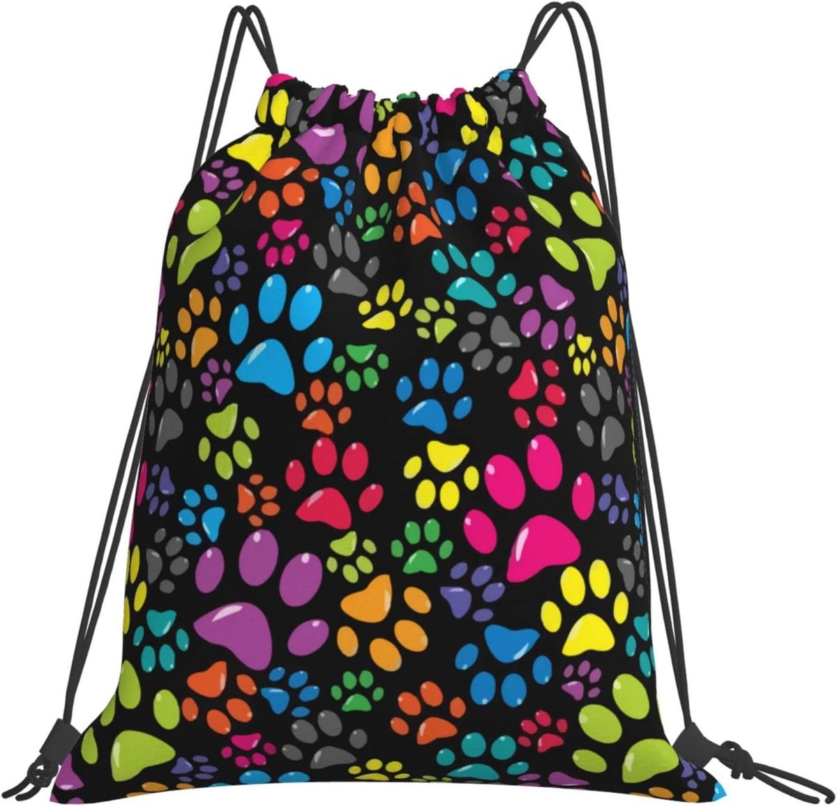Trekkoord Rugzak Kleurrijke Hond Poot Trekkoord Zakken Sport Gym Tas Voor Vrouwen Mannen Rugzakken Zwemmen Tas Voor Strand, Zwart, Eén maat