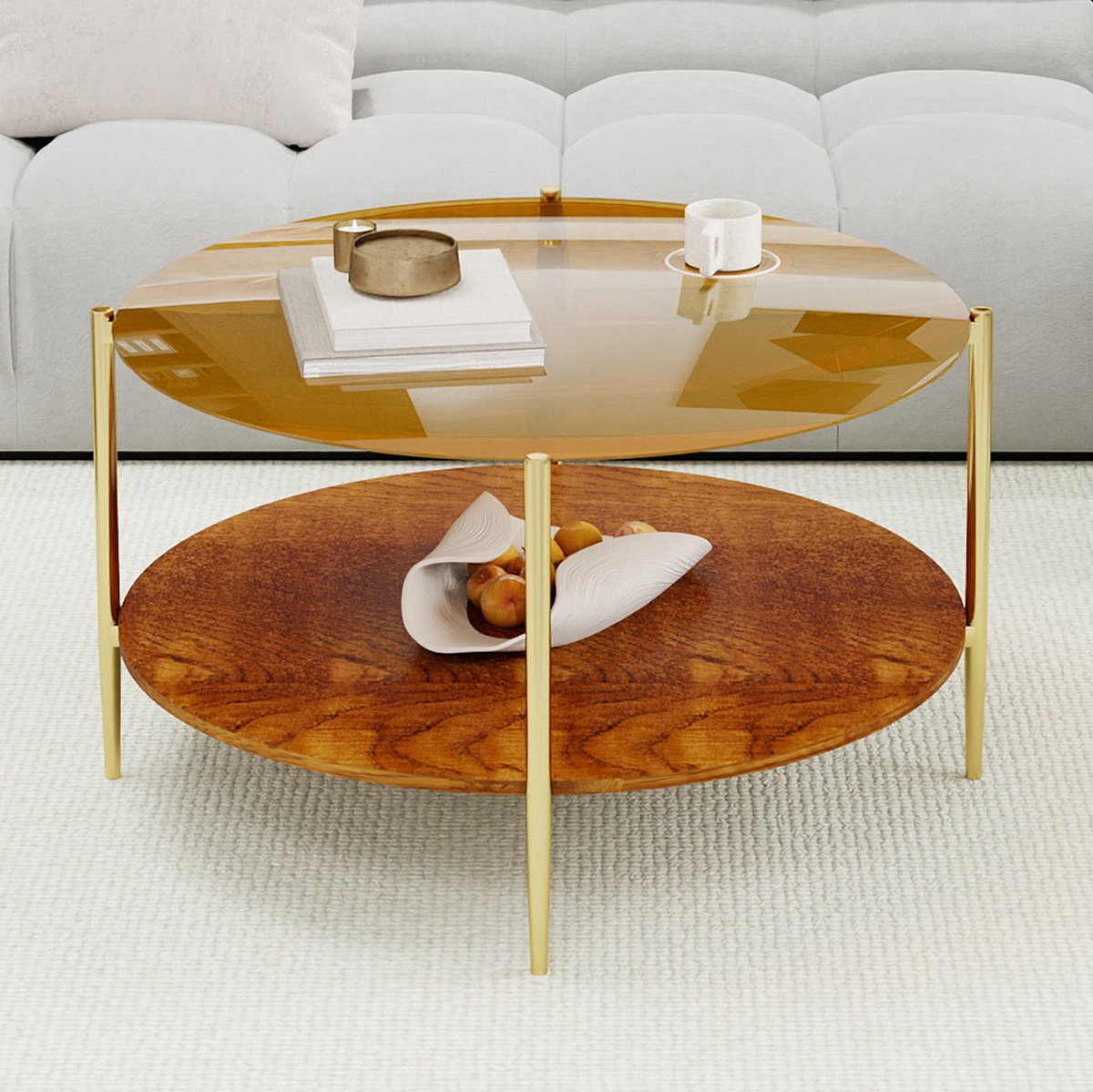 MEUNIQ Ronde salontafel Ø82 cm met goudkleurig gehard glazen blad, houten onderblad en metalen frame – dubbele laag voor woonkamer, slaapkamer of kantoor