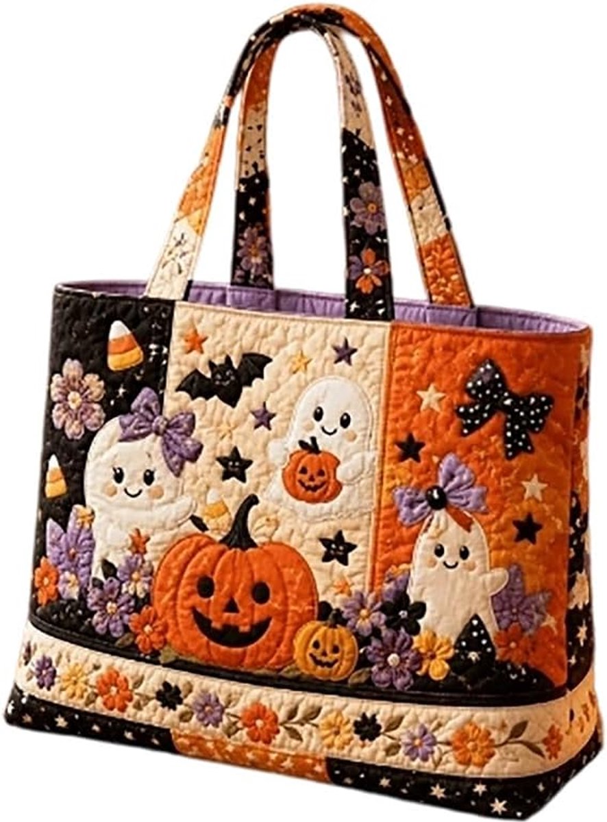 Halloween draagtas 2026, met een schattig "spookpompoen"-patroon, gewatteerde schouderbanden en originele prints van pompoenen, katten, heksen en meer. Herbruikbare verticale draagtas, maat S: 38 x 42 cm.