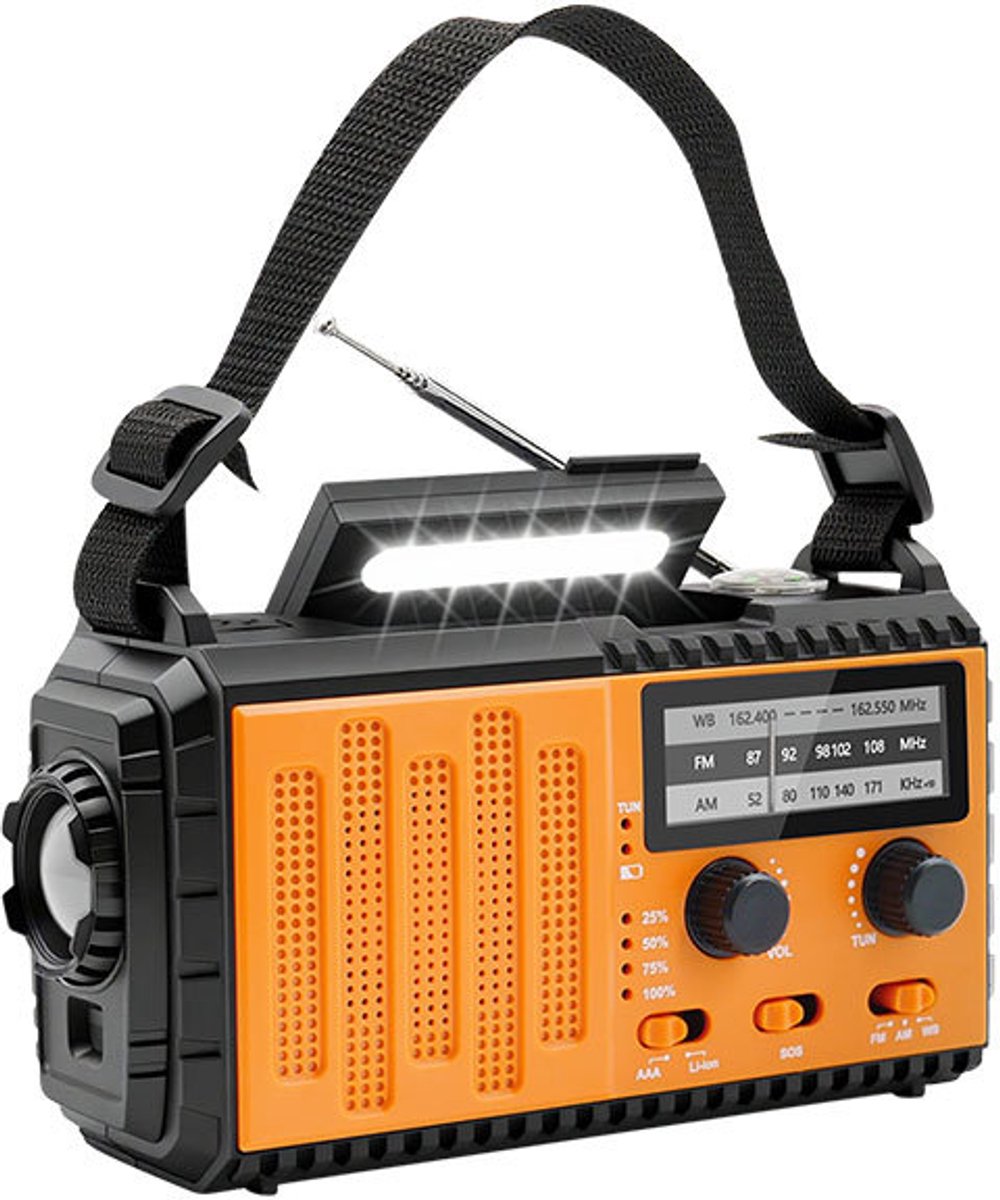 Op zonne-energie werkende noodradio met handslinger, voorzien van een 10000mAh AM/FM NOAA-weerradio, heldere radio-ontvangst, ingebouwde LED-zaklamp en leeslamp, oplaadfunctie voor mobiele telefoons en een SOS-noodsignaal voor noodgevallen.