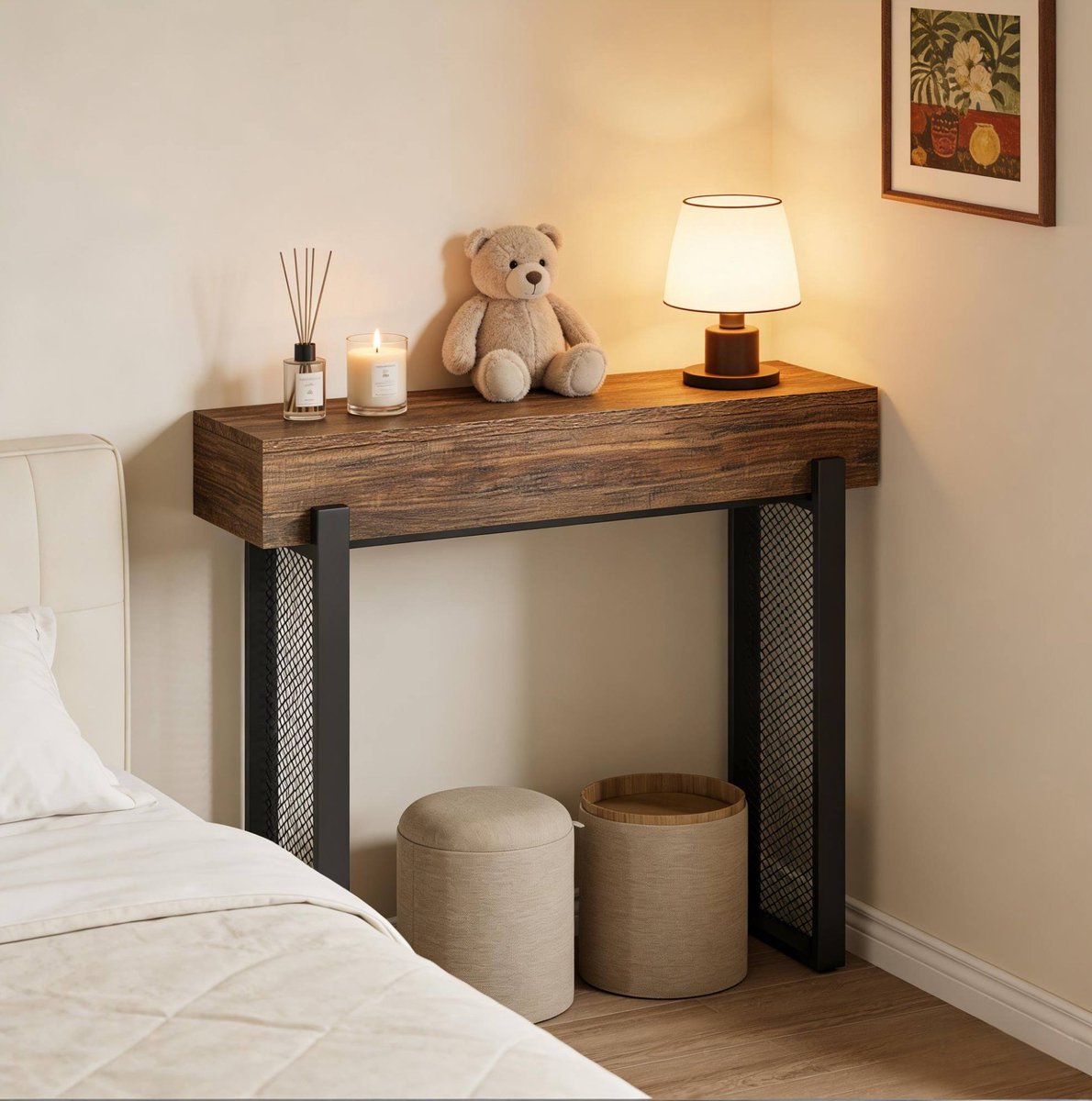 MEUNIQ Smalle sidetable 105 x 30 x 80 cm met verborgen opbergruimte, MDF en metalen frame, haltafel voor woonkamer en hal, zwart rustiek bruin