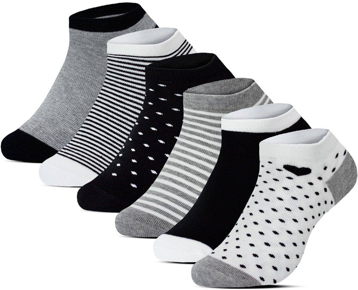6 Paar - Dames Sneakersokken - Katoen - Benyson - Diverse Motieven - Zwart & Wit