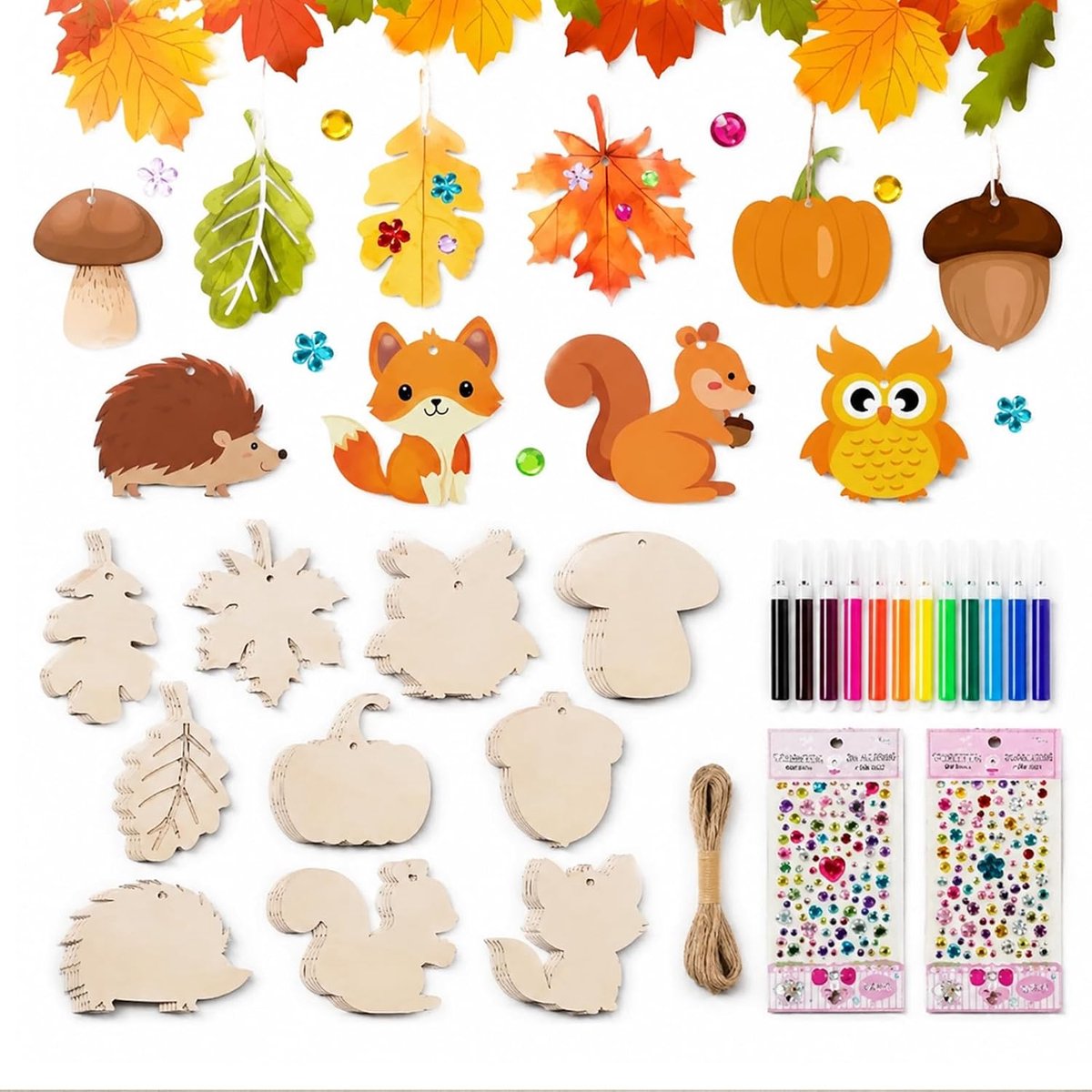 HisKes Houten ornamenten om te beschilderen – Hangdecoratie in herfstthema – Schilderen tekenen voor kinderen – Knutselset voor de herfst – 40 houten onderdelen – Doe-het-zelf-kunstproject – Inclusief knutselmaterialen