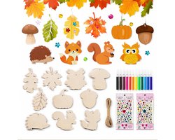 HisKes Houten ornamenten om te beschilderen – Hangdecoratie in herfstthema – Schilderen tekenen voor kinderen – Knutselset voor de herfst – 40 houten onderdelen – Doe-het-zelf-kunstproject – Inclusief knutselmaterialen