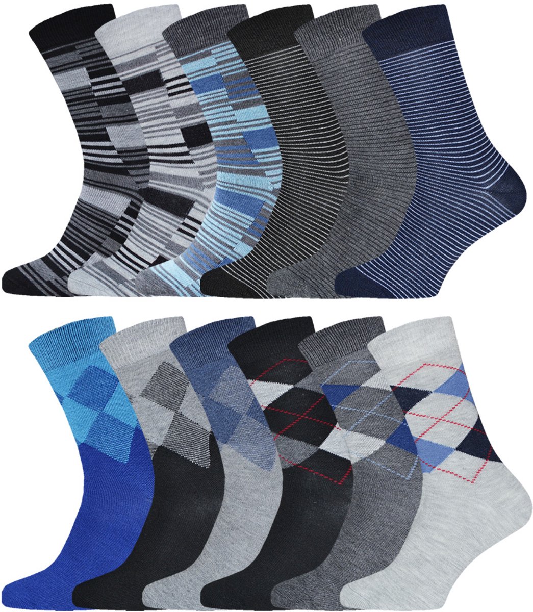 Katoenen Herensokken | Voordeelpakket | Merk: Gianvaglia | Kleur: Grijs Blauw | Maat: 39-42/ 43-46 | 12 Paar